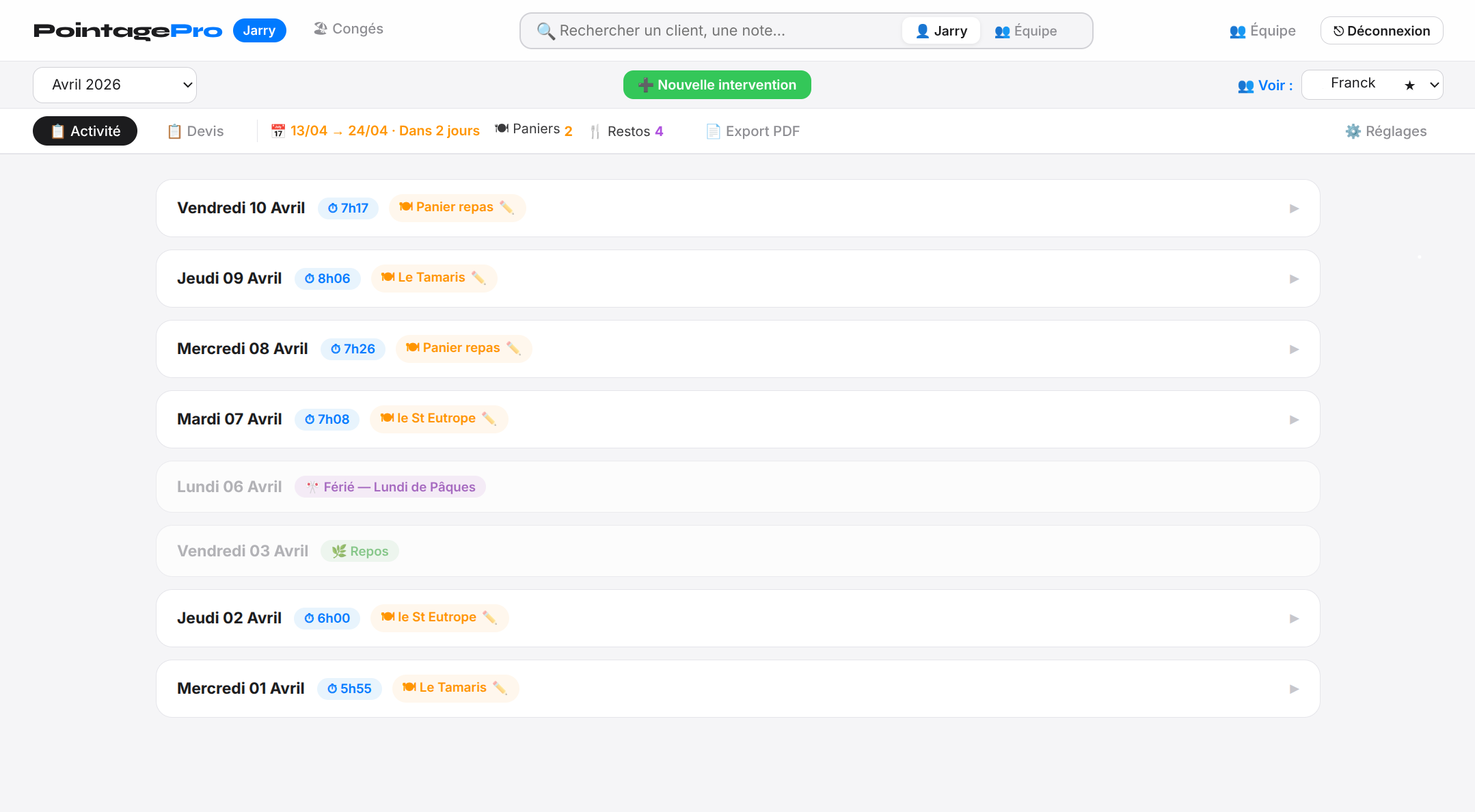 Tableau de bord PointagePro — historique des interventions, heures, paniers repas et export PDF